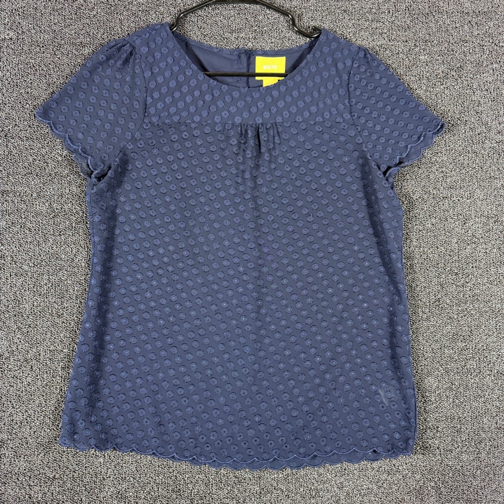 Maeve Anthropologie Navy Swiss Dot Scalloped Hem Short Sleeve Blouse Size 6